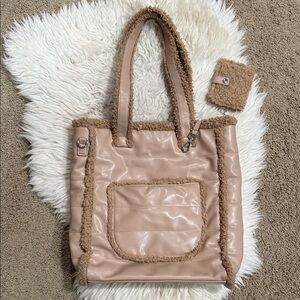 Aspen Stylish Tan Tote Bag with Faux Fur Trim Handbag with‎ Credit Card Holder